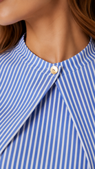 Blue Pinstripe Statement Collar Cotton Blend Formal Shirt for Women Beyond Formals