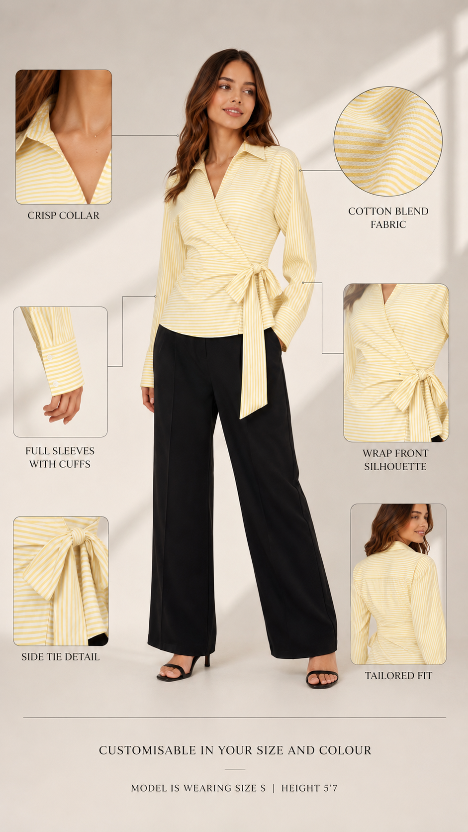 Women's Yellow Pinstripe Wrap Shirt with Side Tie Belt Beyond Formals