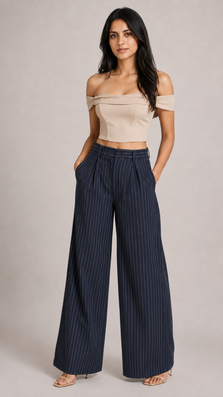 Navy Pinstripe High-Waist Wide-Leg Trousers for Women – Beyond Formals