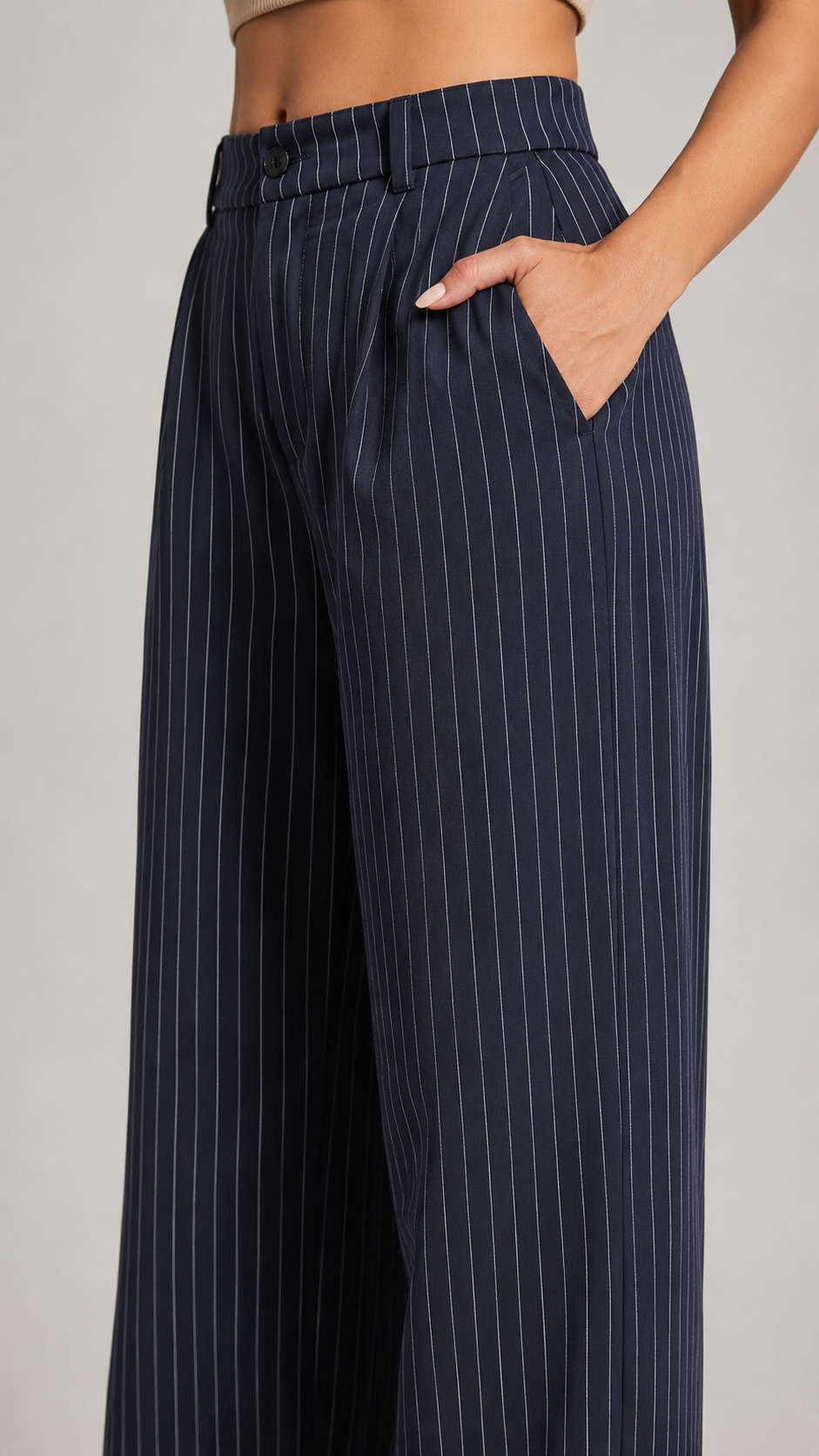 Navy Pinstripe High-Waist Wide-Leg Trousers for Women – View 4