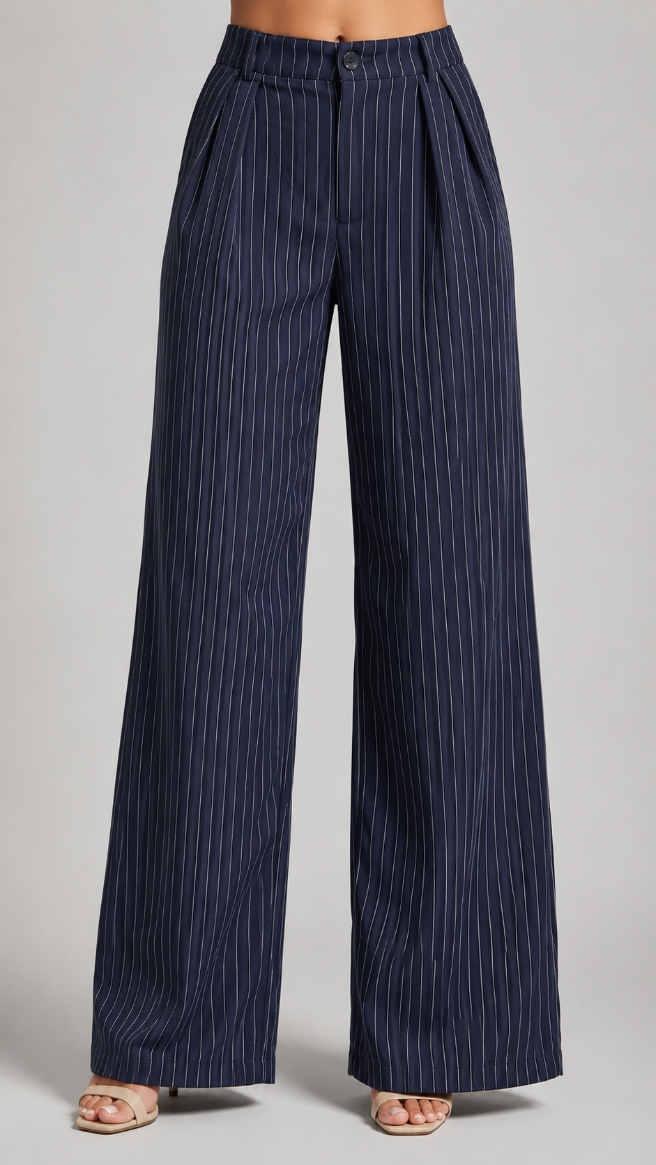 Navy Pinstripe High-Waist Wide-Leg Trousers for Women – View 2