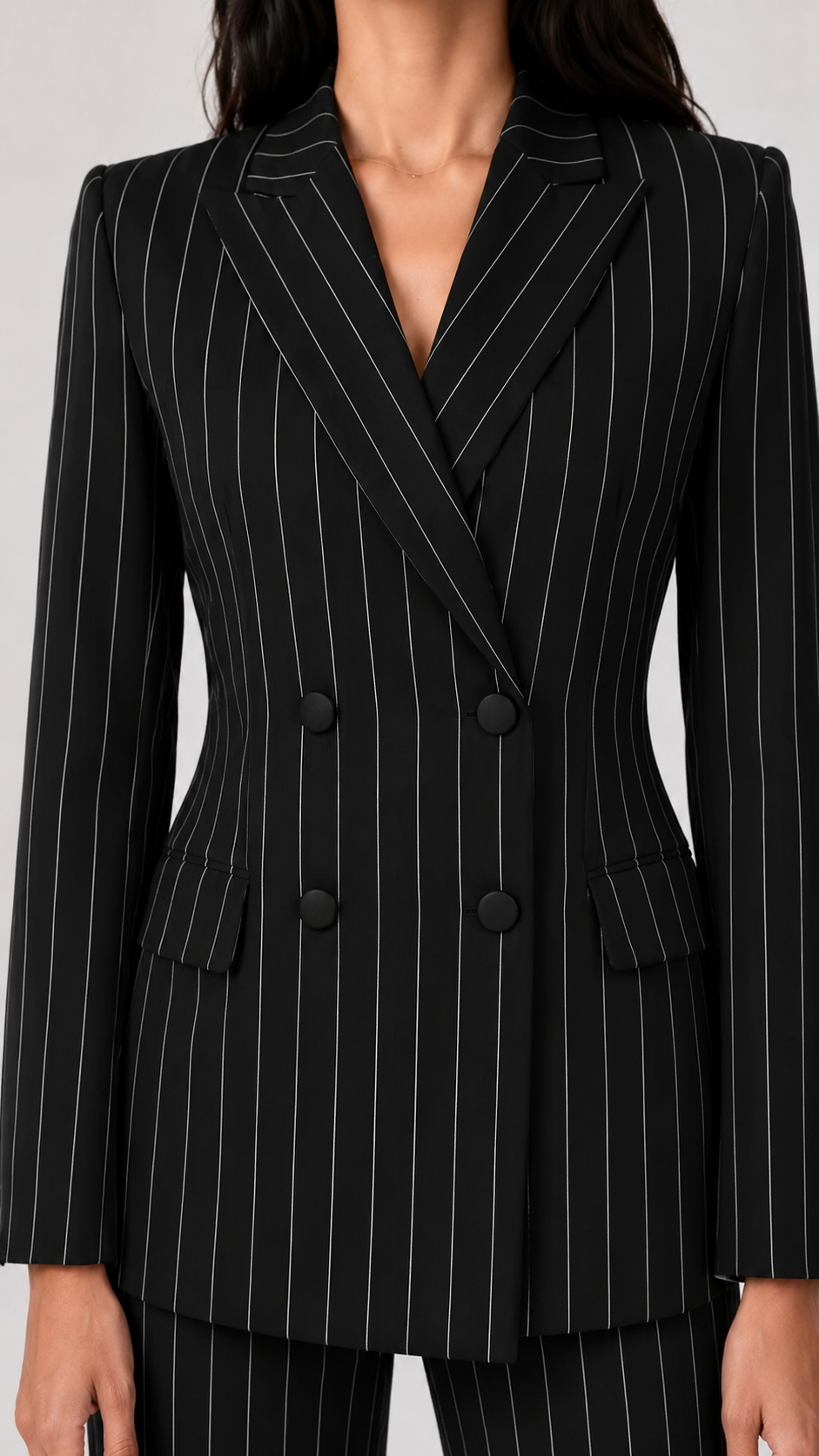 Executive Black Pinstripe Double-Breasted Blazer Suit Set Beyond Formals