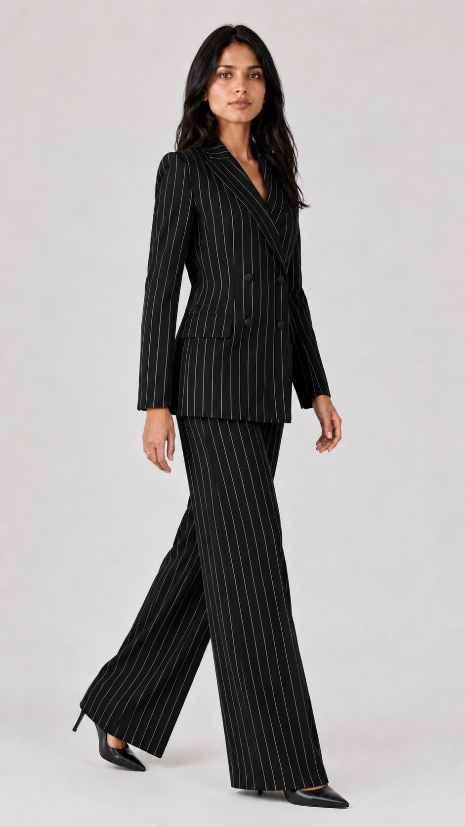Executive Black Pinstripe Double-Breasted Blazer Suit Set Beyond Formals