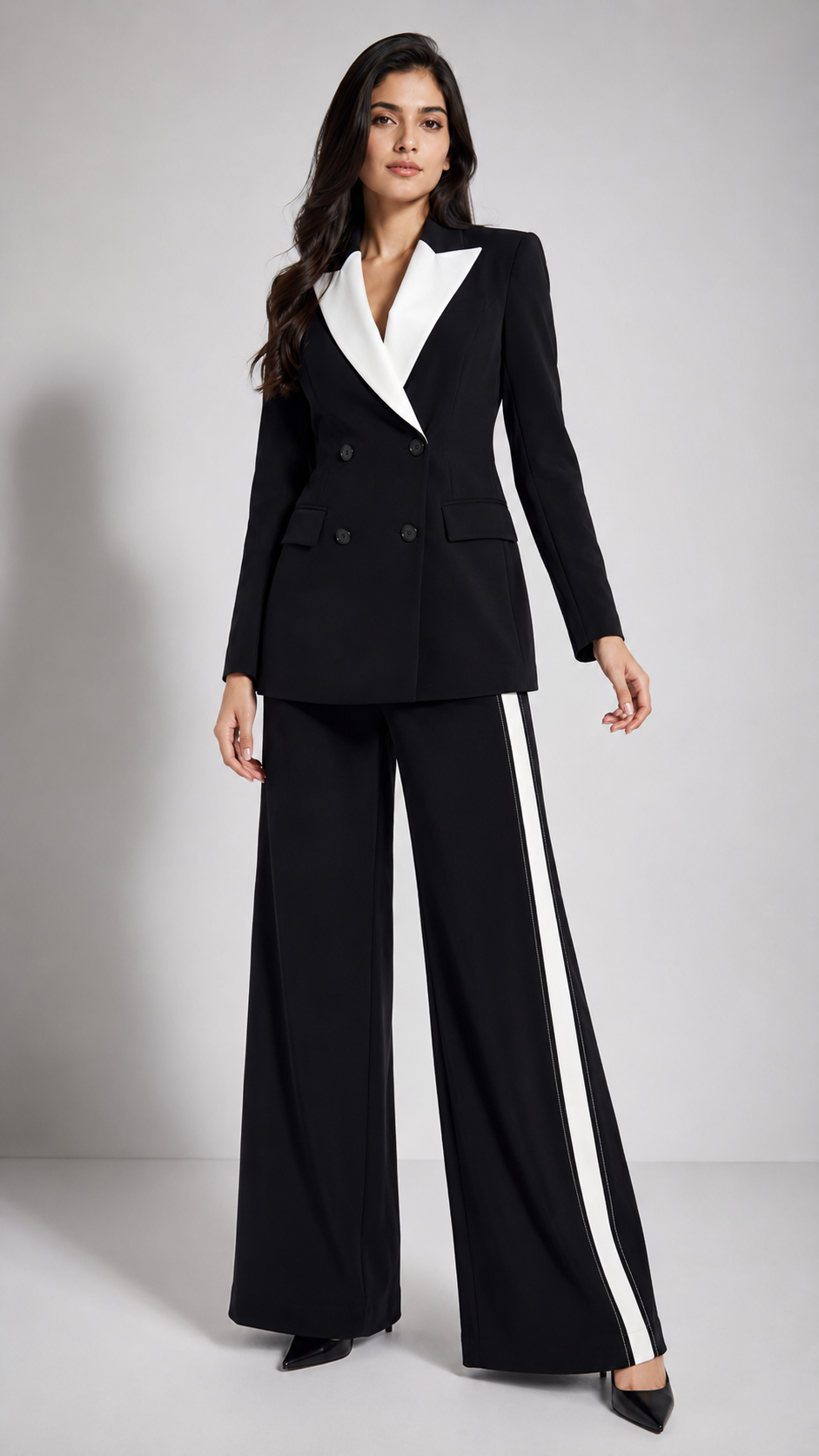 Woman wearing a black suit with white trim on a gray background