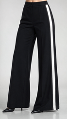 Black wide-leg pants with a white stripe on a gray background