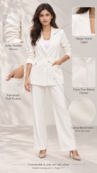 White blazer infographic: ruched sleeves, notch lapel, welt pockets, two-button closure, cotton blend | Beyond Formals