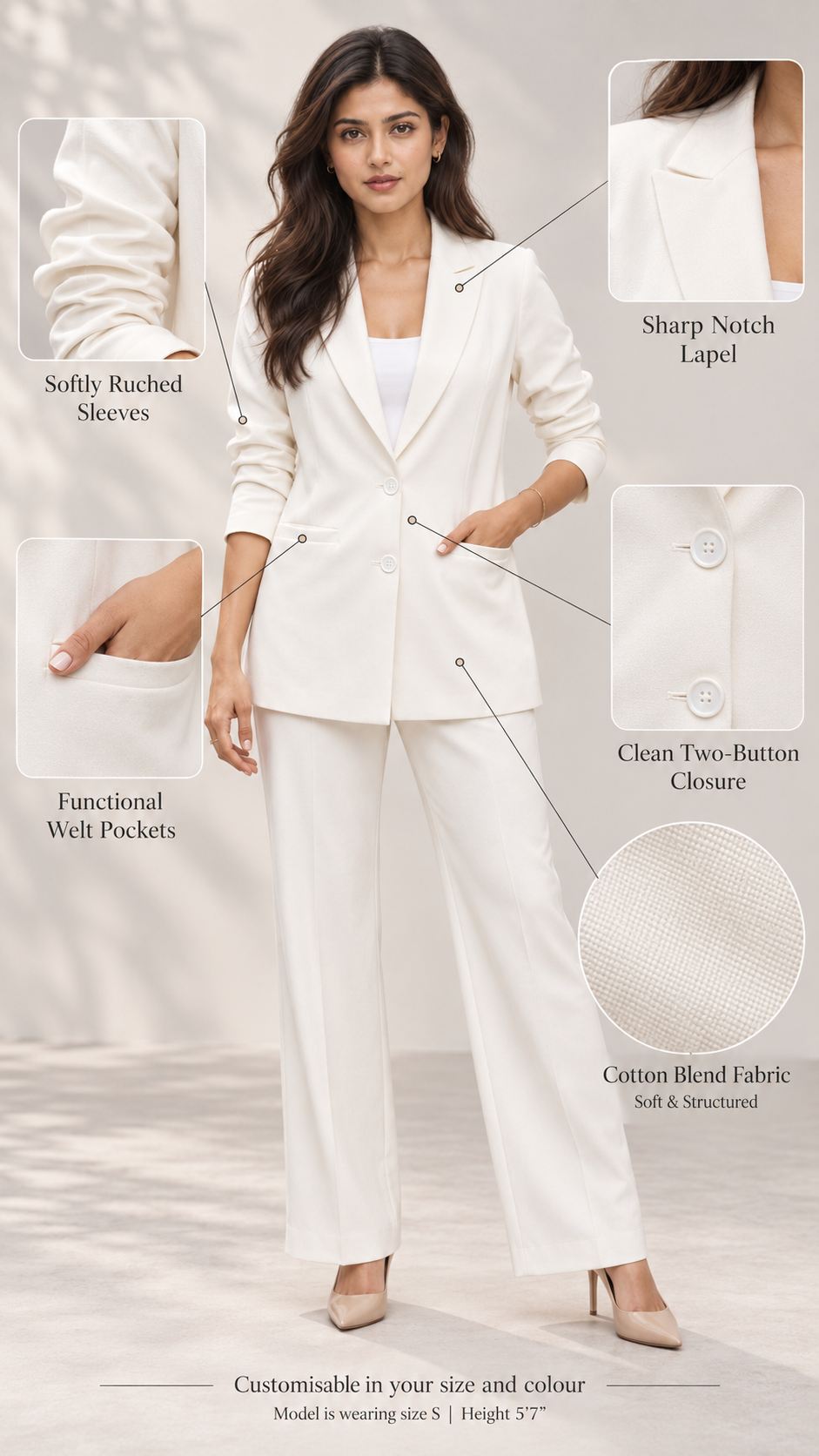 White blazer infographic: ruched sleeves, notch lapel, welt pockets, two-button closure, cotton blend | Beyond Formals