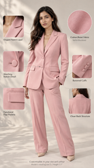 Infographic of light pink blazer: notch lapel, covered buttons, flap pockets, cuffs, cotton blend | Beyond Formals