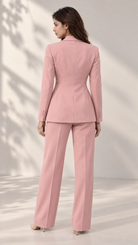 Back view of light pink tailored blazer and matching trousers showing shaped waist | Beyond Formals