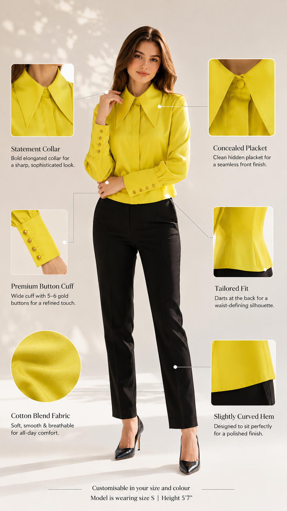 Yellow statement collar shirt infographic: collar, placket, button cuff, fit, fabric, hem | Beyond Formals