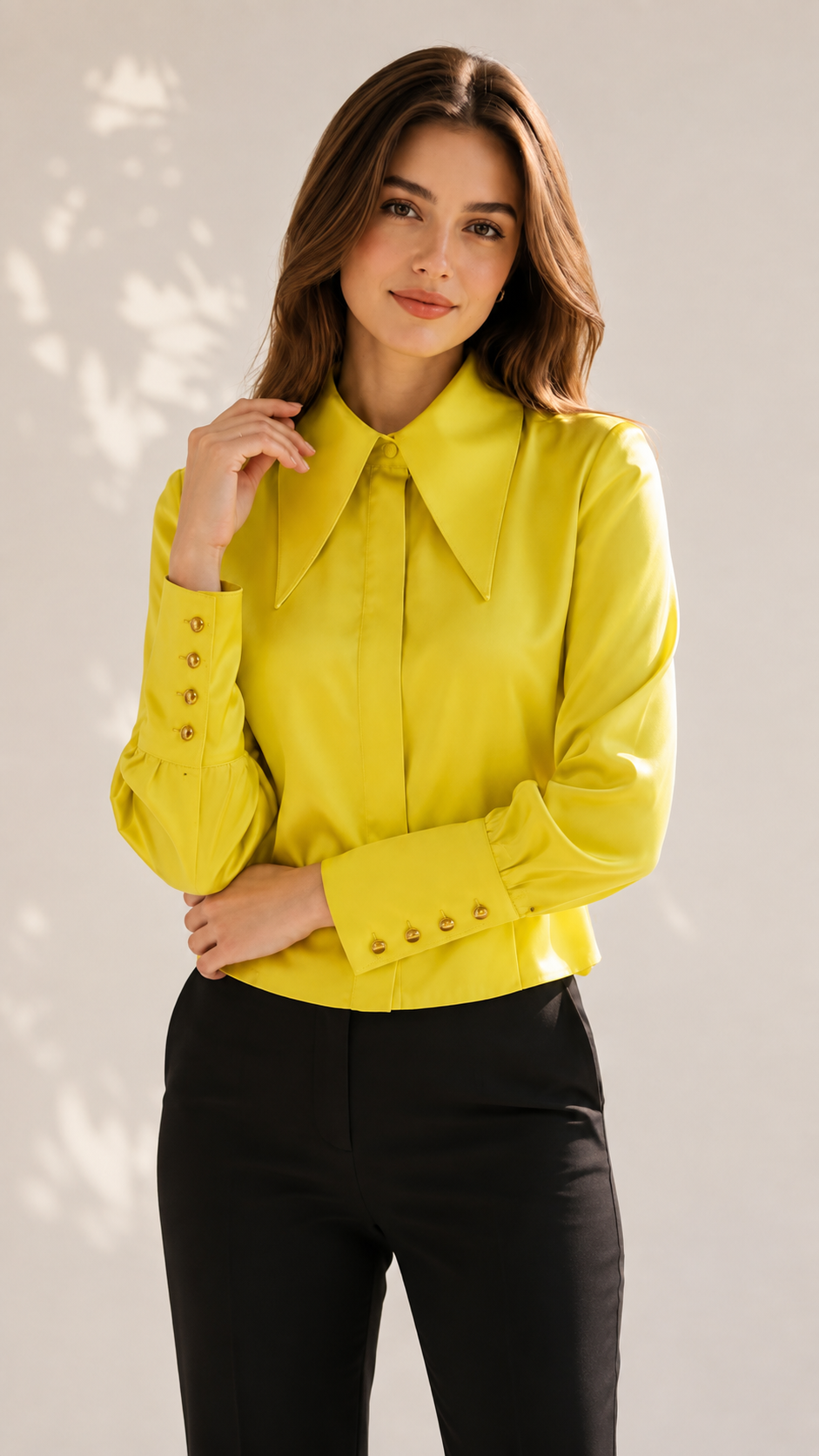 Yellow statement collar shirt, front view showing oversized pointed collar and gold cuffs | Beyond Formals