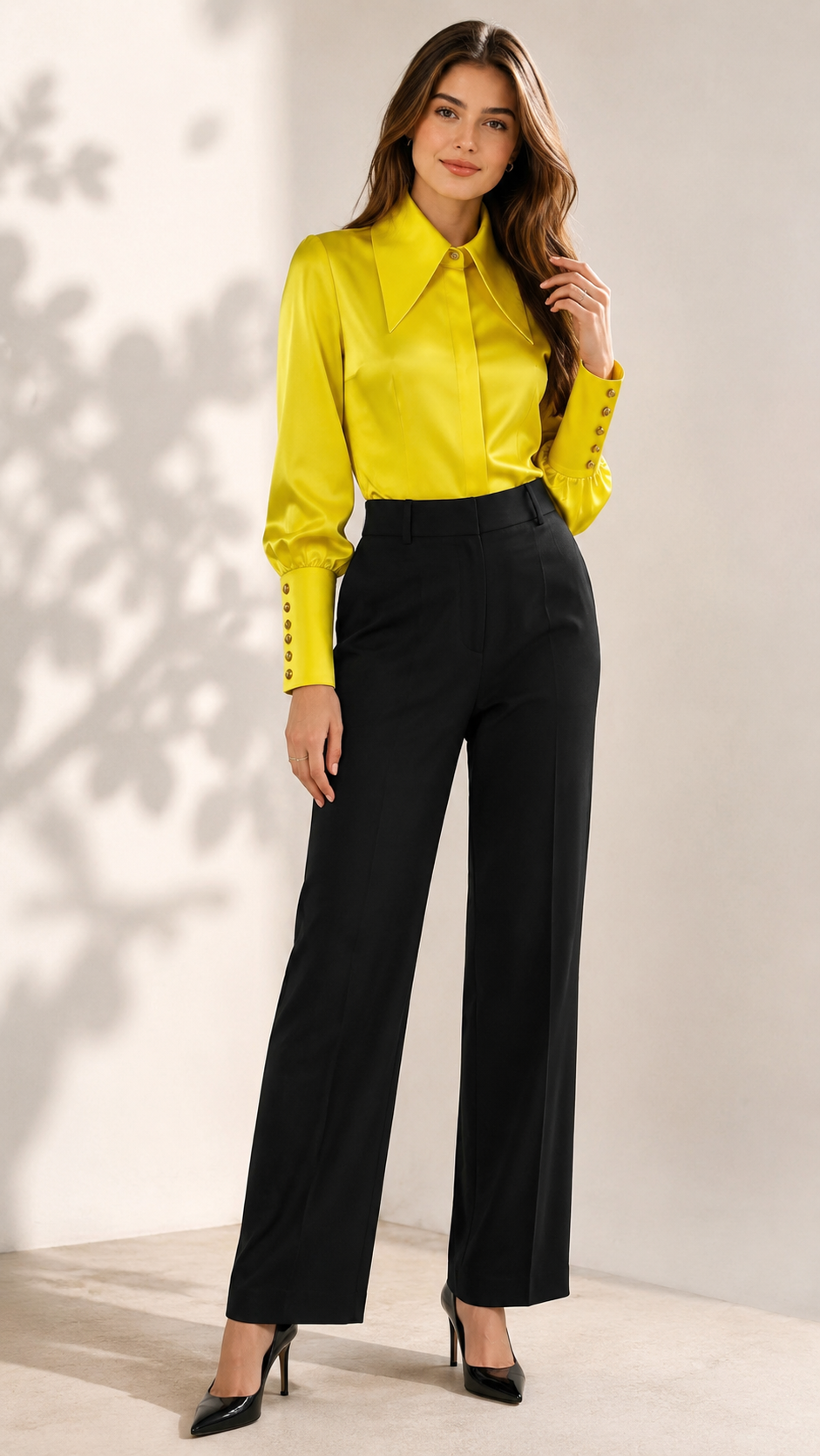 Yellow statement collar shirt tucked into black trousers, full-length front view | Beyond Formals