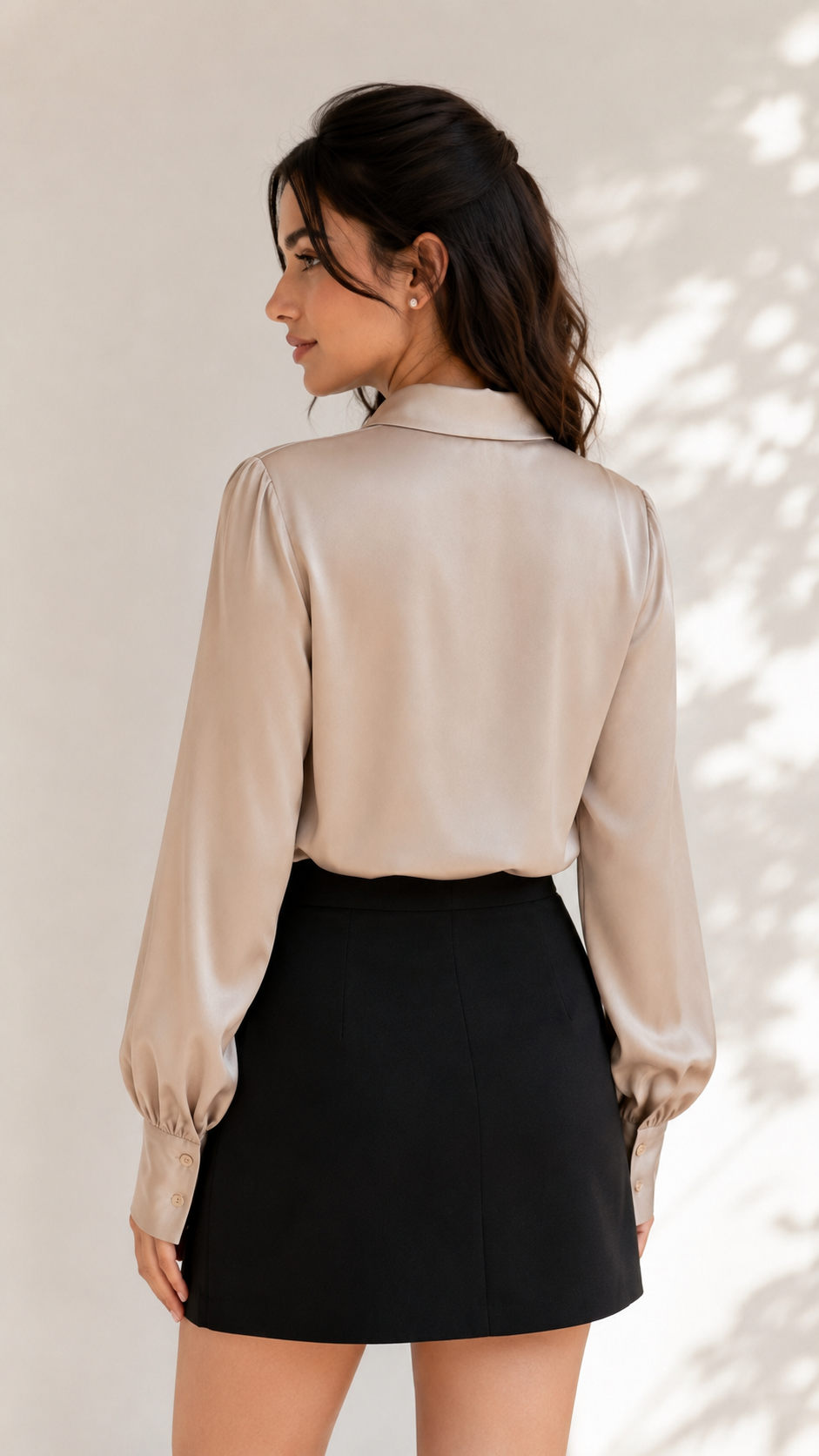 Champagne statement collar shirt back view showing sheen and gathered sleeves | Beyond Formals