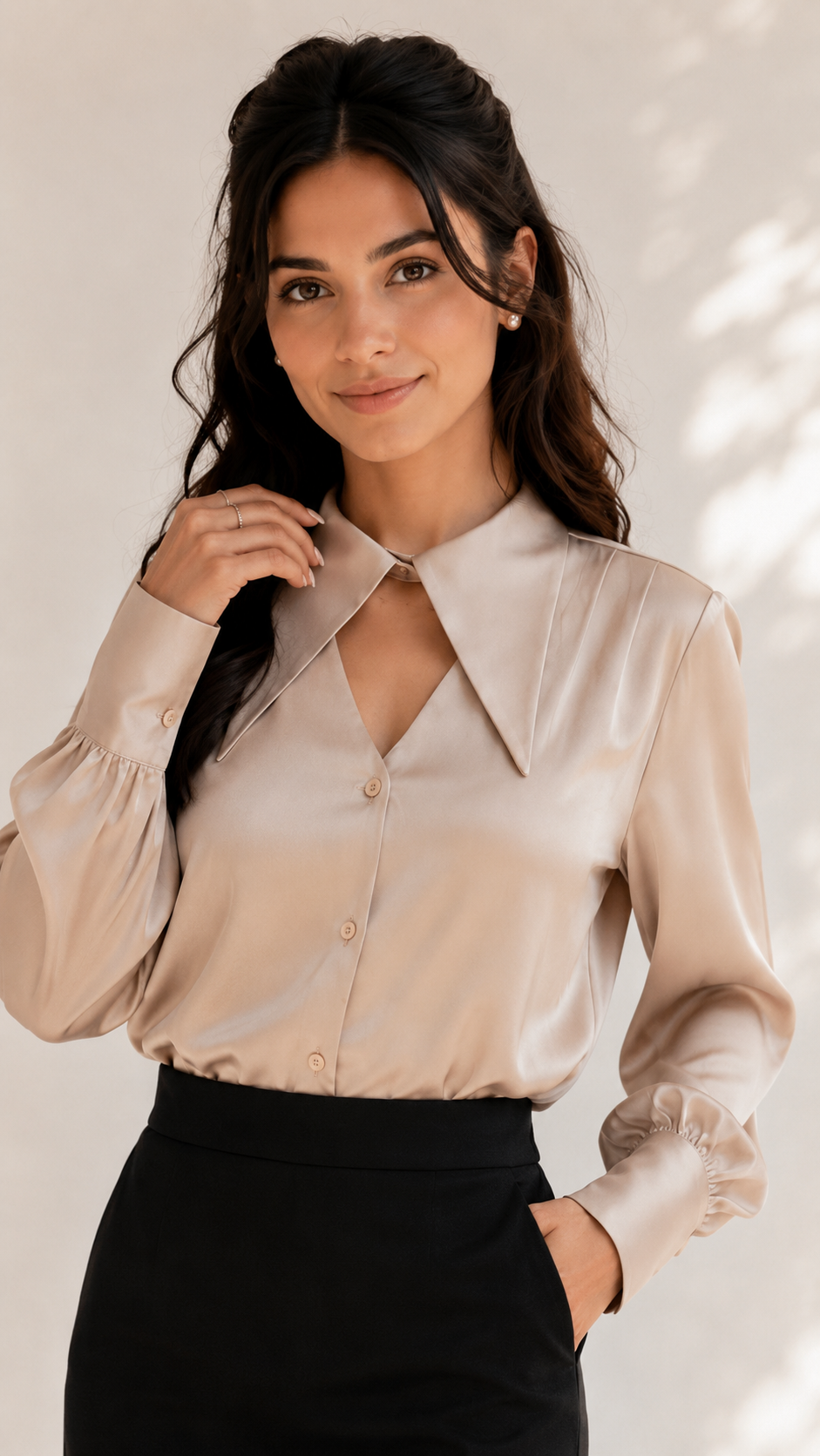 Champagne satin-finish shirt with oversized pointed collar and keyhole neckline, front view | Beyond Formals