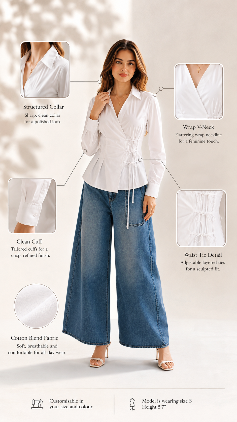 Infographic of white wrap tie shirt showing collar, wrap V-neck, clean cuff and waist tie detail | Beyond Formals