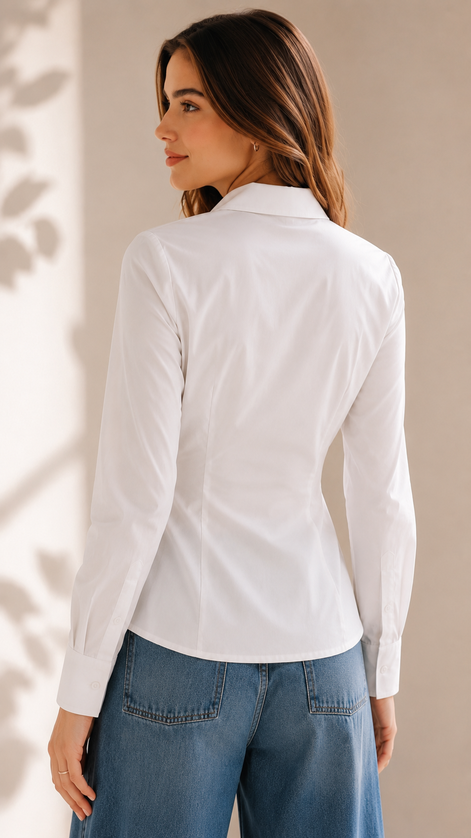 Back view of white wrap tie shirt showing darted fitted silhouette | Beyond Formals