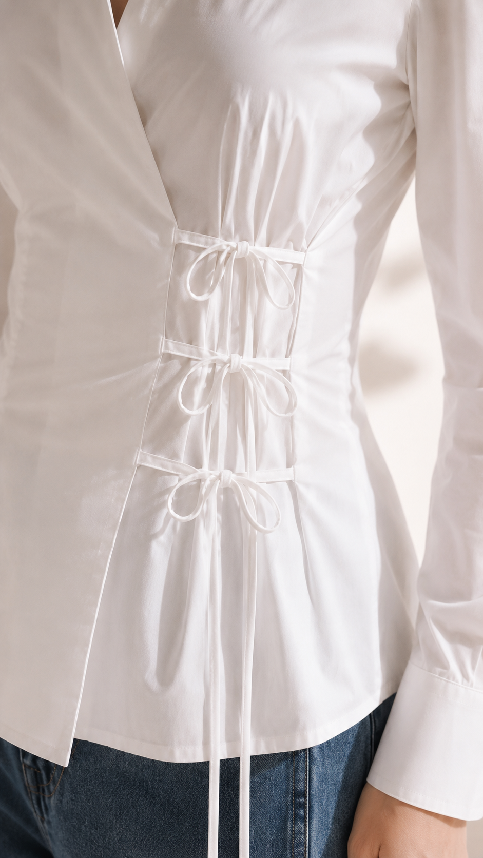 Detail of white wrap shirt showing three layered side ties and gathered waist | Beyond Formals
