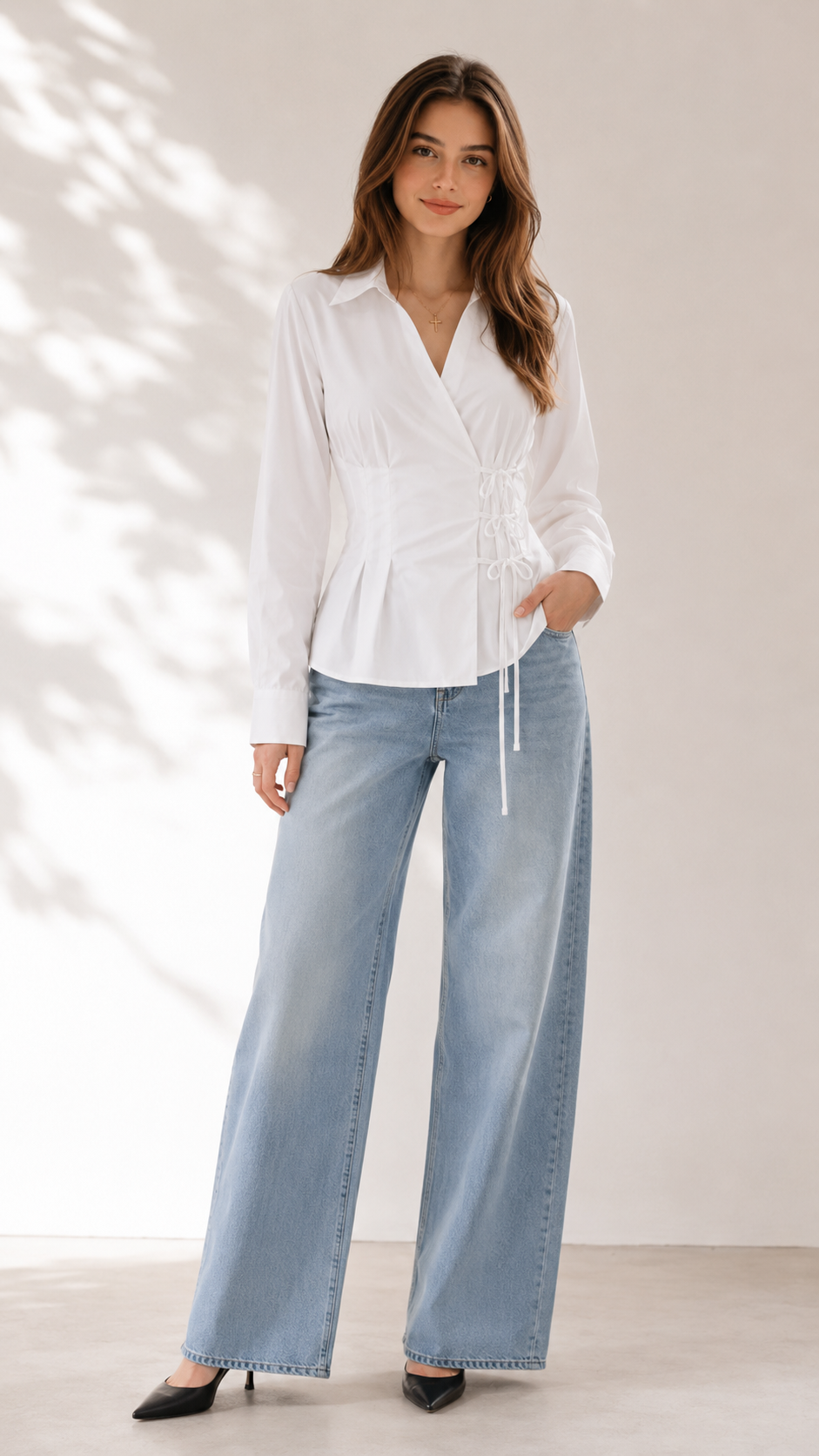 White wrap-front tie shirt with structured collar worn with wide-leg jeans, full-length front view | Beyond Formals