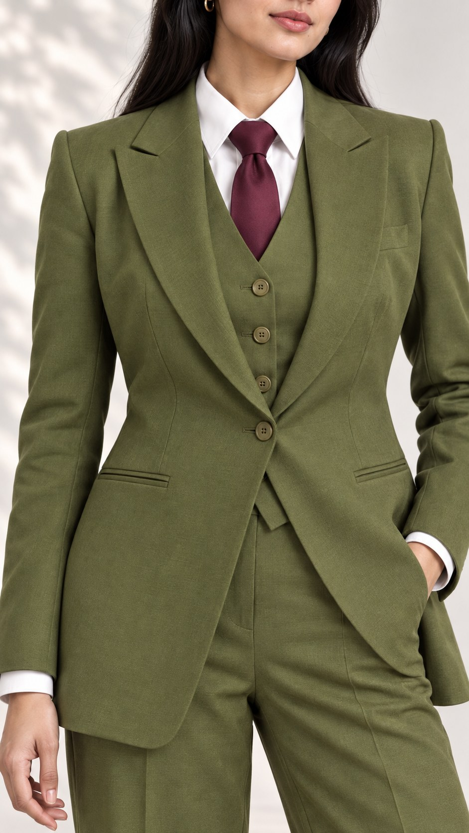 Close-up of olive green single-button blazer, four-button waistcoat, white shirt and burgundy tie | Beyond Formals