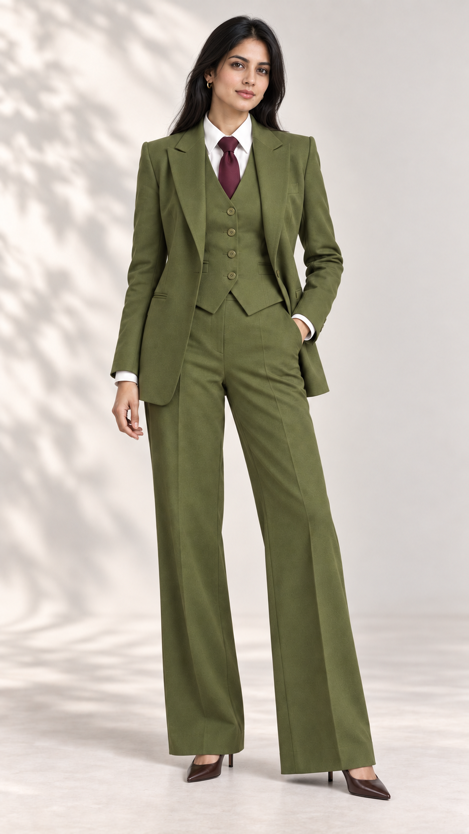 Olive green linen three-piece suit with waistcoat, white shirt and burgundy tie, full-length front view | Beyond Formals
