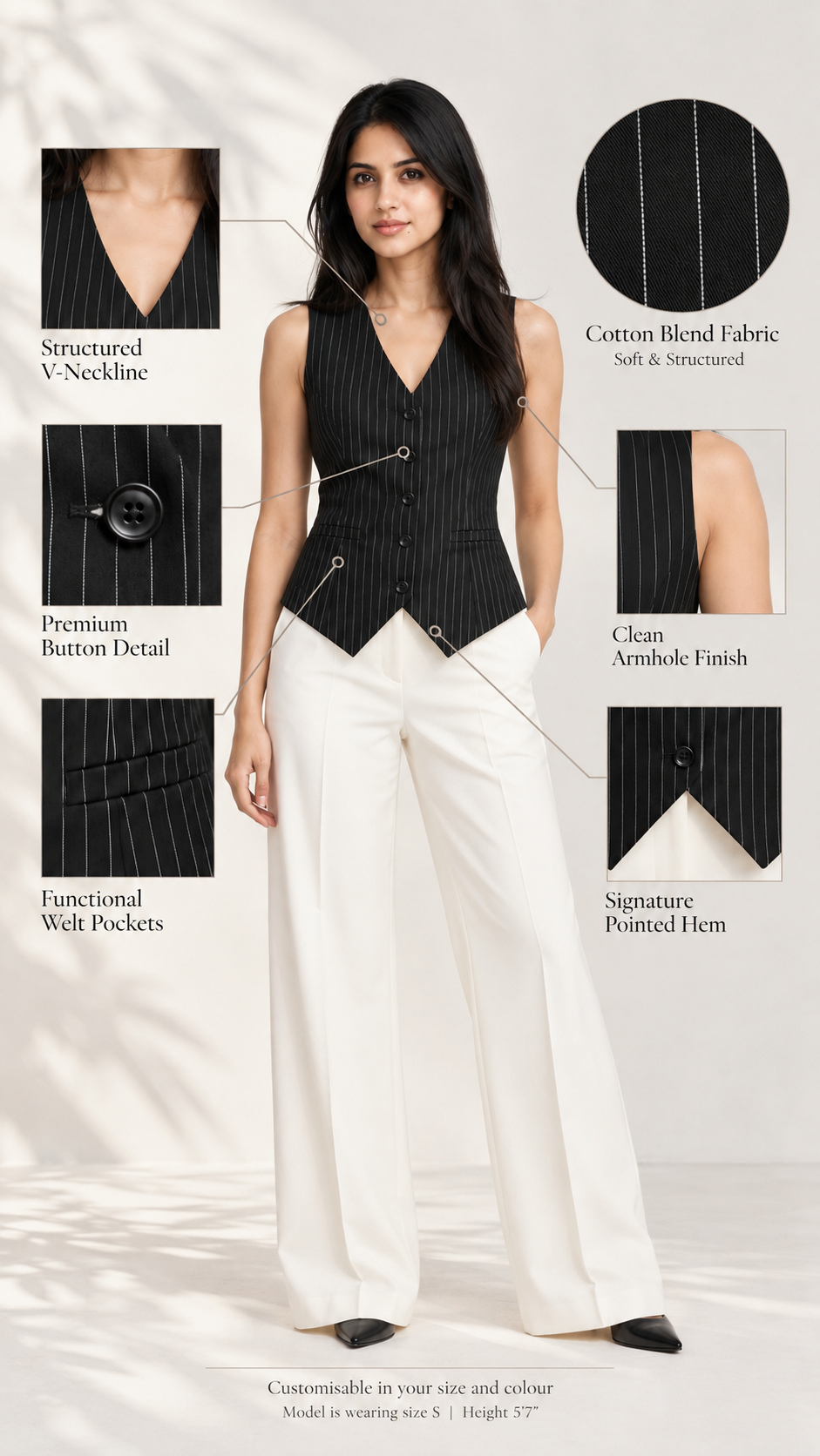Black pinstripe waistcoat infographic: V-neckline, buttons, welt pockets, armhole, pointed hem | Beyond Formals