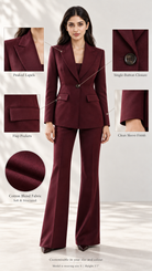 Maroon blazer infographic: peaked lapels, single-button closure, flap pockets, clean sleeve | Beyond Formals
