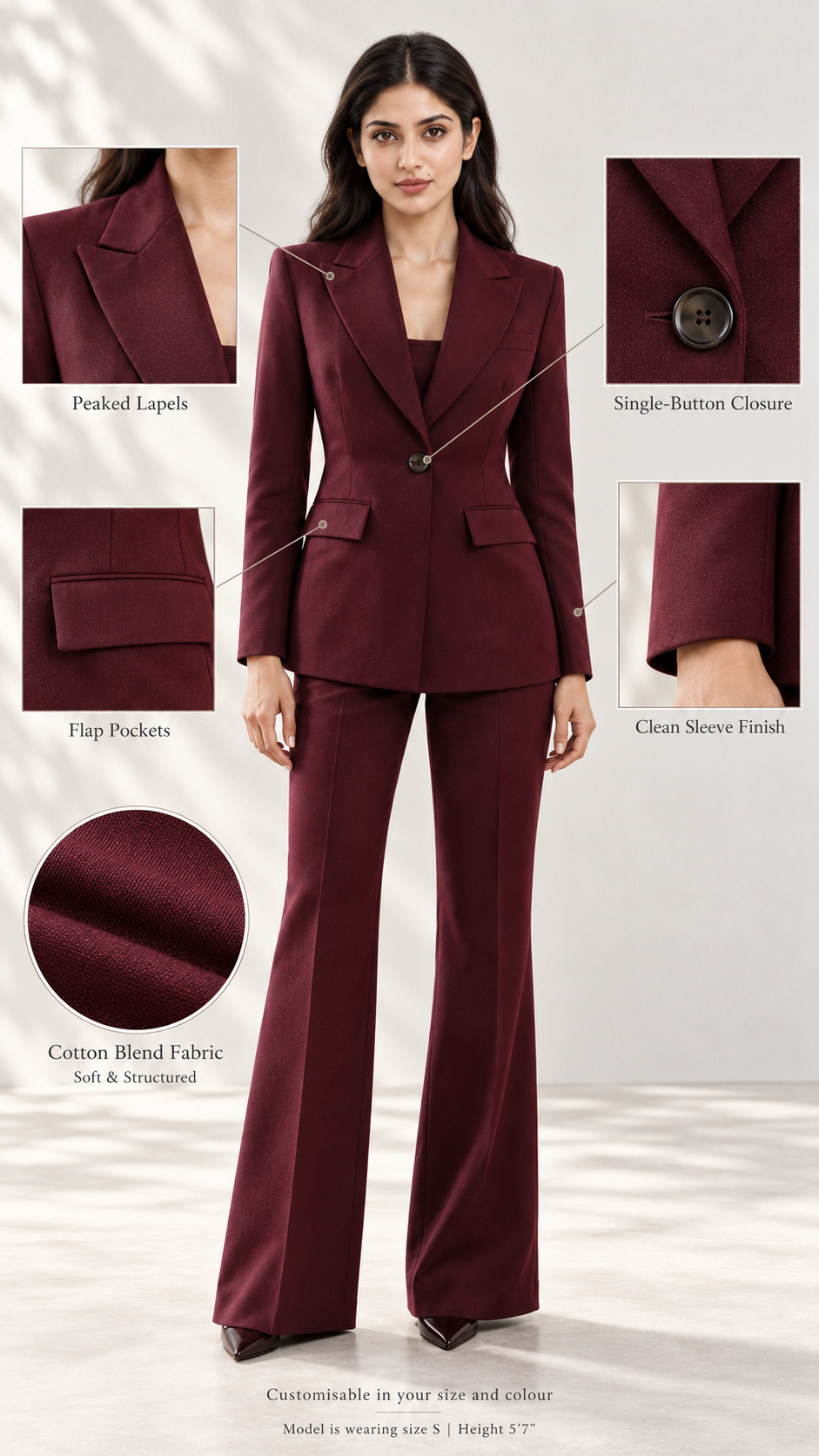 Maroon blazer infographic: peaked lapels, single-button closure, flap pockets, clean sleeve | Beyond Formals