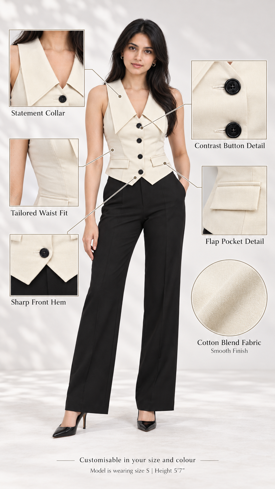 Infographic of beige sleeveless waistcoat: statement collar, black buttons, flap pockets, cotton blend | Beyond Formals