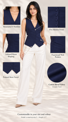 Navy waistcoat infographic showing V neckline, five-button front, welt pockets and pointed hem | Beyond Formals
