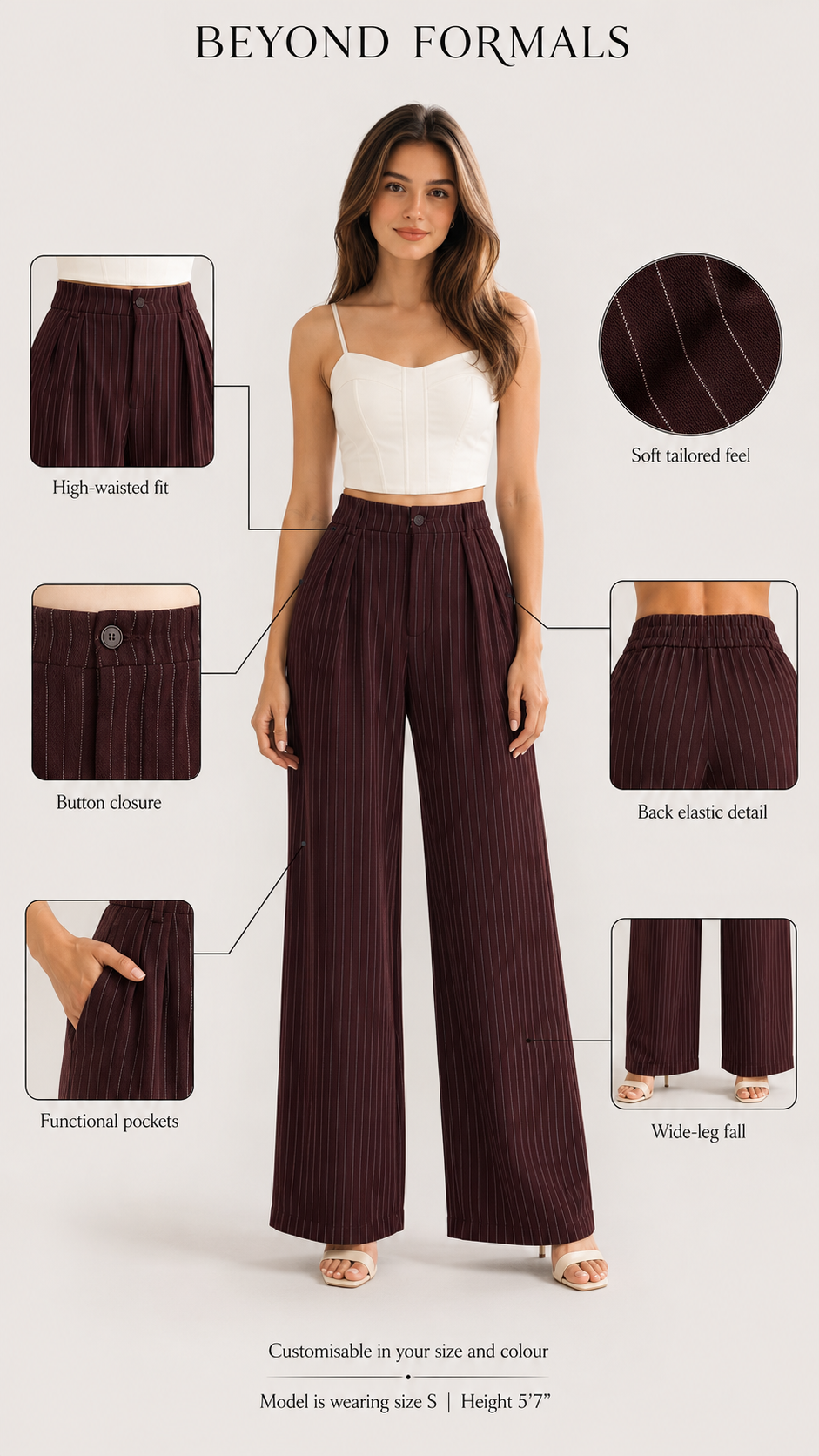 Burgundy Pinstripe High-Waist Wide-Leg Trousers for Women – View 2