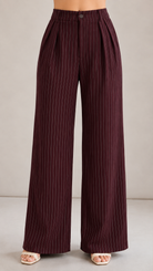 Burgundy Pinstripe High-Waist Wide-Leg Trousers for Women – Beyond Formals