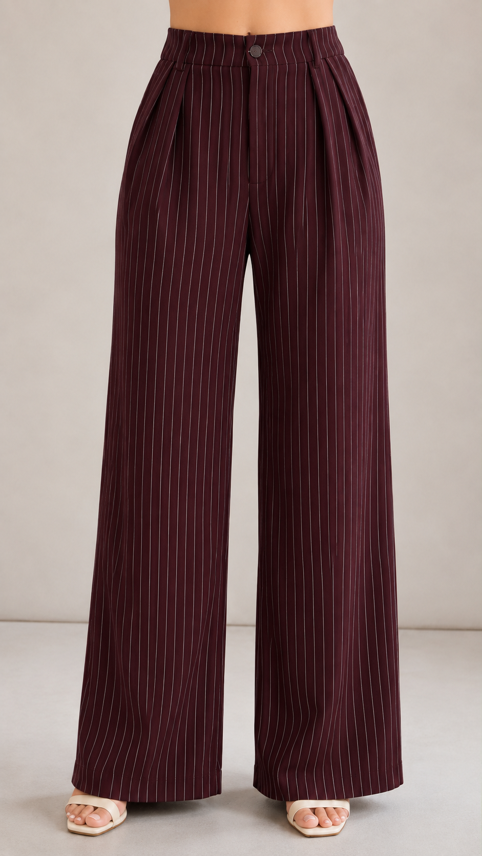 Burgundy Pinstripe High-Waist Wide-Leg Trousers for Women – Beyond Formals