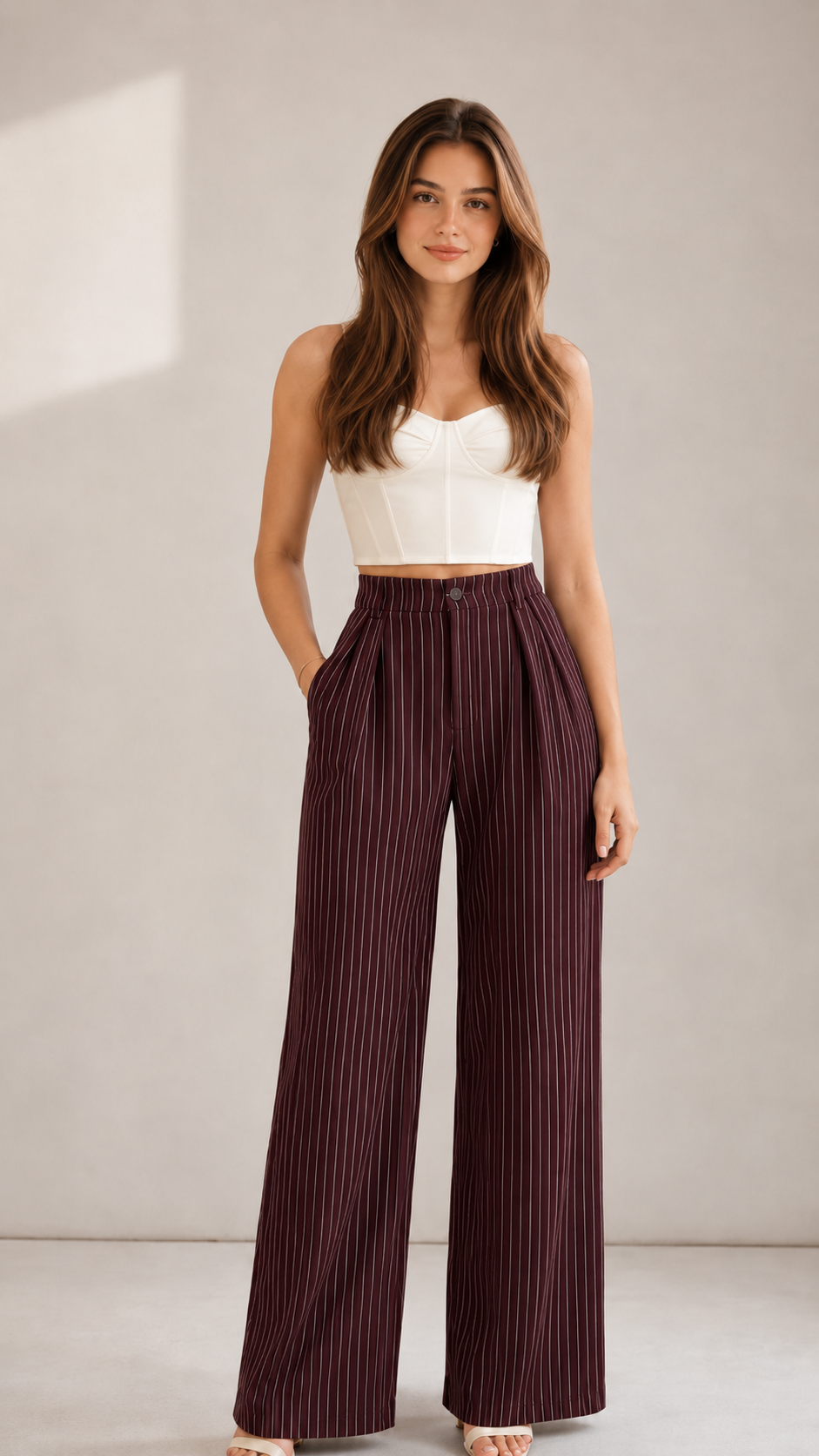Burgundy Pinstripe High-Waist Wide-Leg Trousers for Women – View 5