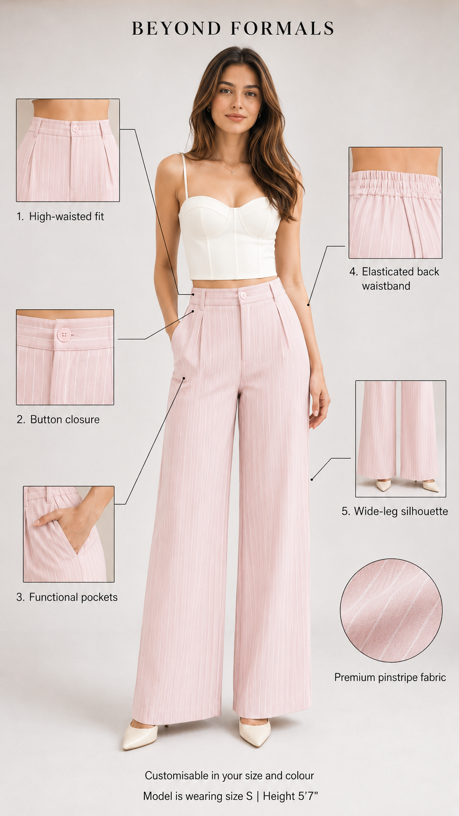 Nude Pink Pinstripe High-Waist Wide-Leg Trousers for Women – View 2