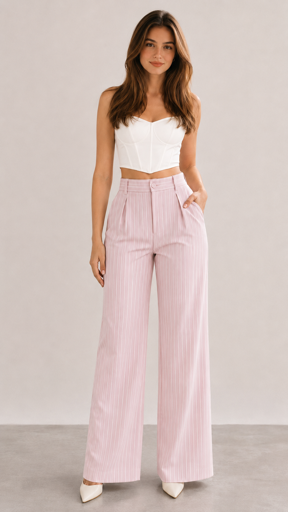 Nude Pink Pinstripe High-Waist Wide-Leg Trousers for Women – Beyond Formals
