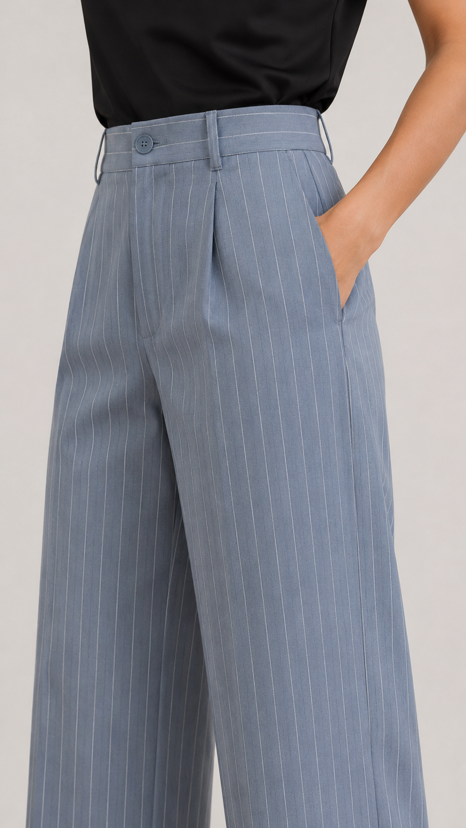 Powder Blue Pinstripe High-Waist Wide-Leg Trousers for Women – View 3
