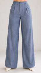 Powder Blue Pinstripe High-Waist Wide-Leg Trousers for Women – Beyond Formals