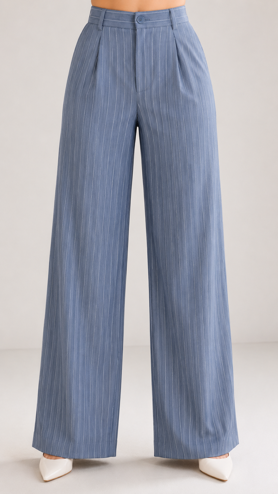 Powder Blue Pinstripe High-Waist Wide-Leg Trousers for Women – Beyond Formals