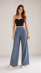 Powder Blue Pinstripe High-Waist Wide-Leg Trousers for Women – View 5
