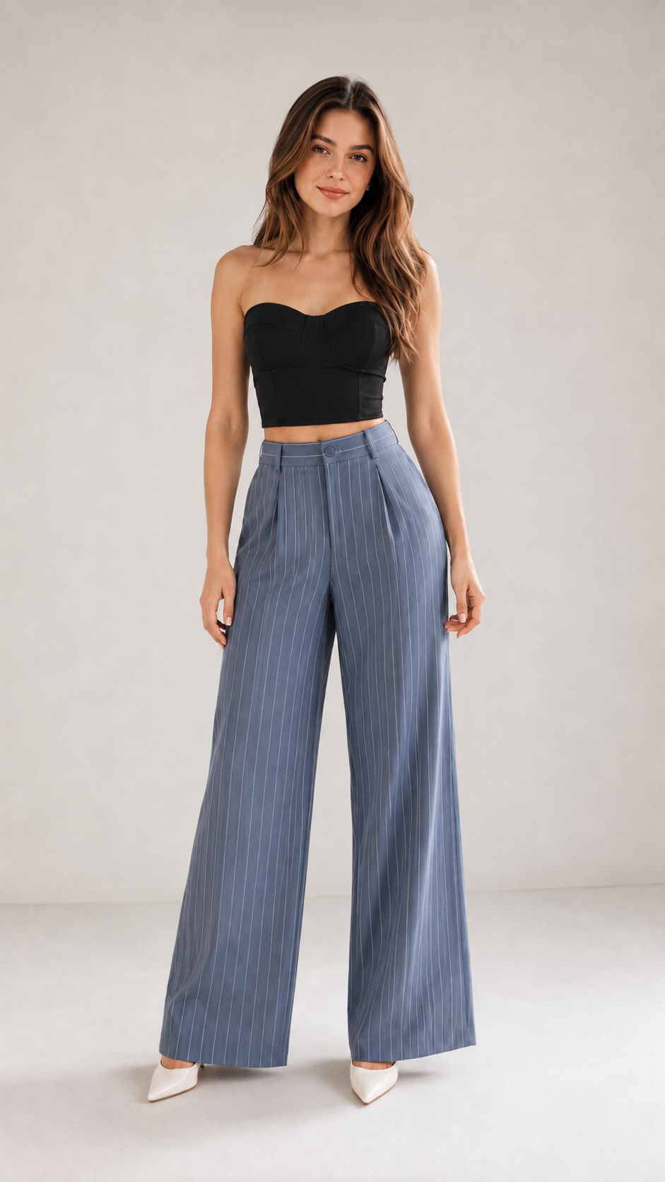 Powder Blue Pinstripe High-Waist Wide-Leg Trousers for Women – View 5