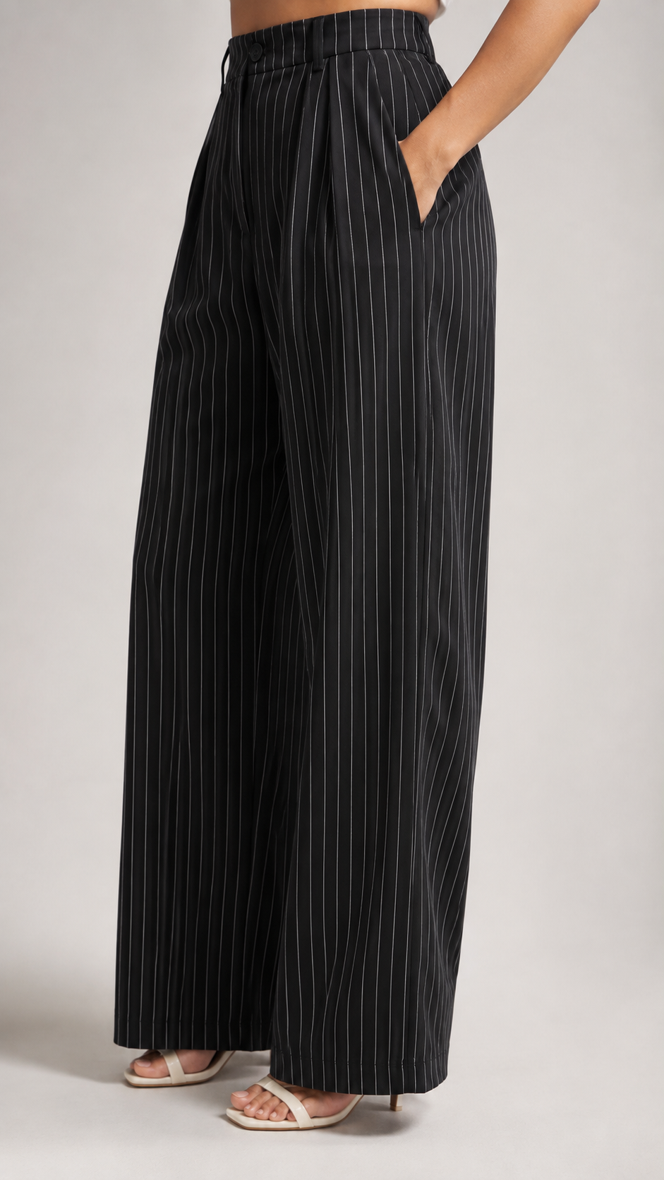 Black Pinstripe High-Waist Wide-Leg Trousers for Women – View 3
