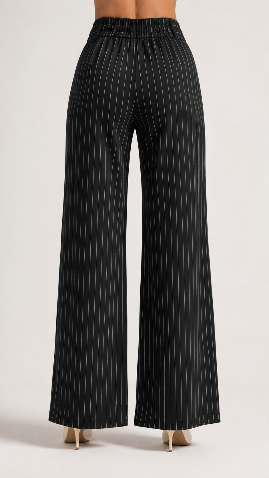 Black Pinstripe High-Waist Wide-Leg Trousers for Women – View 4