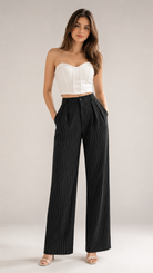 Black Pinstripe High-Waist Wide-Leg Trousers for Women – Beyond Formals