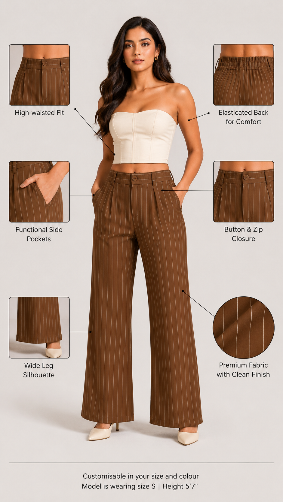 Brown Pinstripe High-Waist Wide-Leg Trousers for Women – View 2
