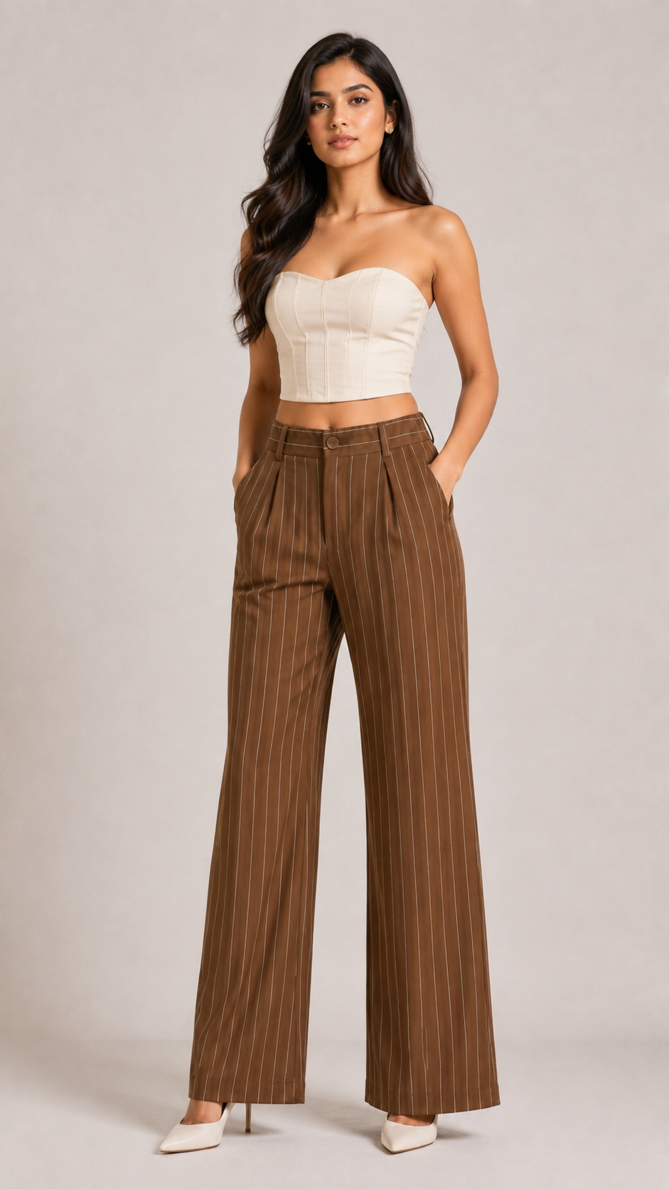 Brown Pinstripe High-Waist Wide-Leg Trousers for Women – View 4