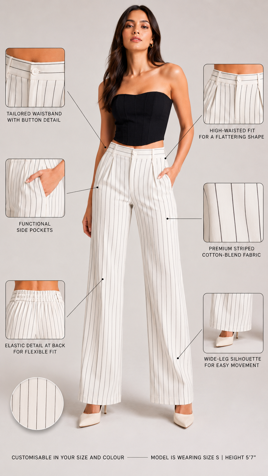 White Pinstripe High-Waist Wide-Leg Trousers for Women – View 5