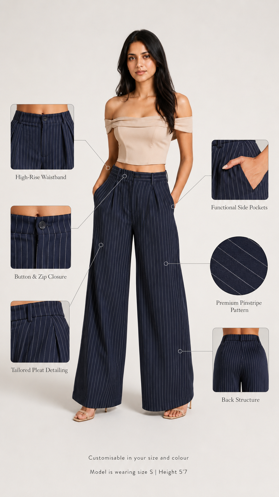 Navy Pinstripe High-Waist Wide-Leg Trousers for Women – View 5