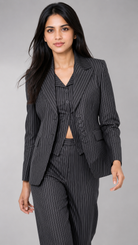 Black Striped 3-Piece Premium Formal Blazer Suit Set With Waistcoat & Pants Beyond Formals