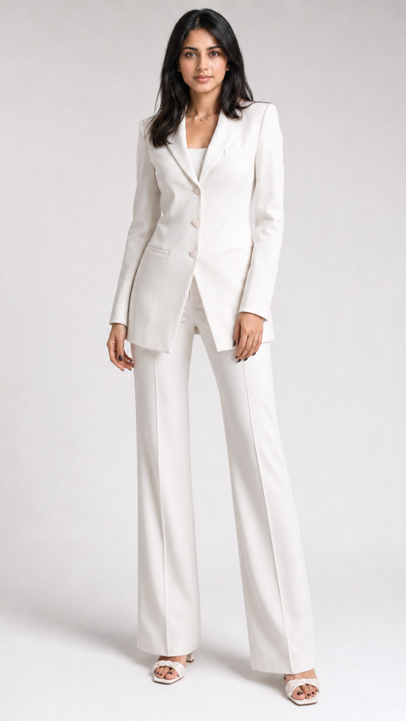Woman wearing a white suit on a plain background