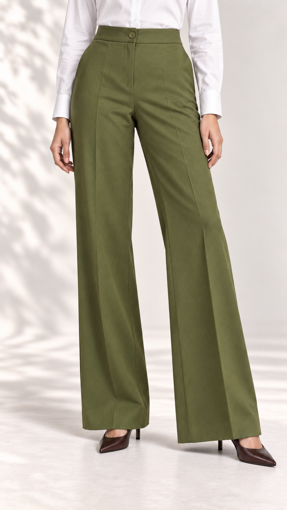 Olive green linen high-waisted wide-leg trousers with white shirt, lower-body close-up | Beyond Formals